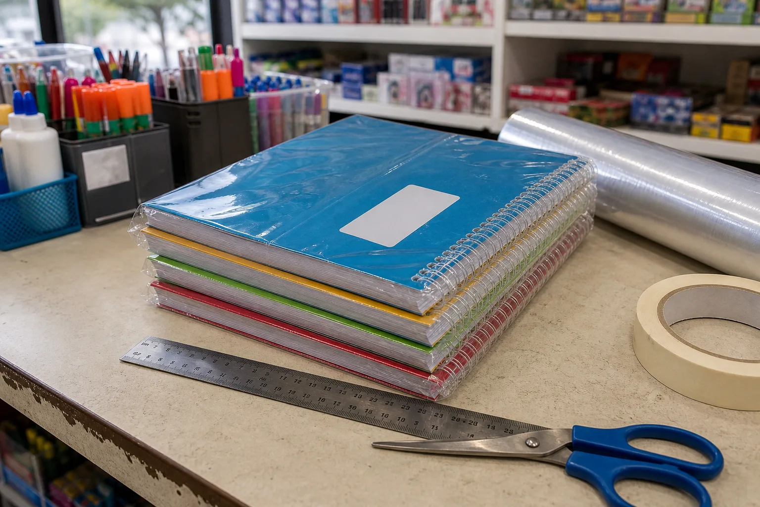 Cuadernos escolares forrados con contact y etiquetas en una mesa de papelería