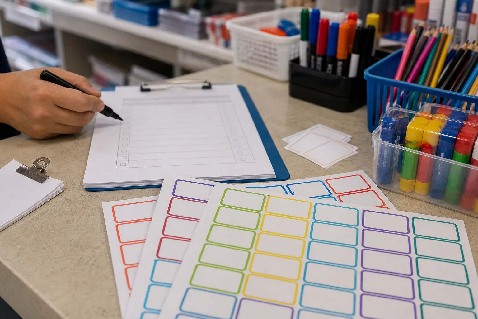 Hojas de etiquetas escolares y lista revisada sobre un mostrador de papelería