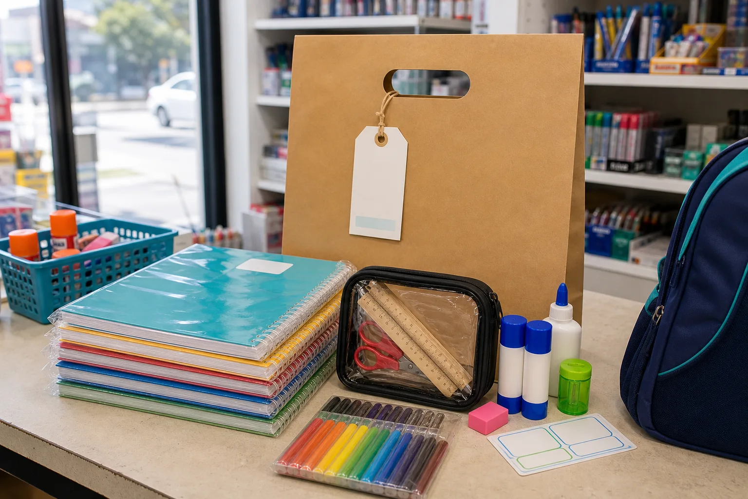 Paquete de útiles escolares preparado con bolsa, cuadernos, etiquetas y estuche