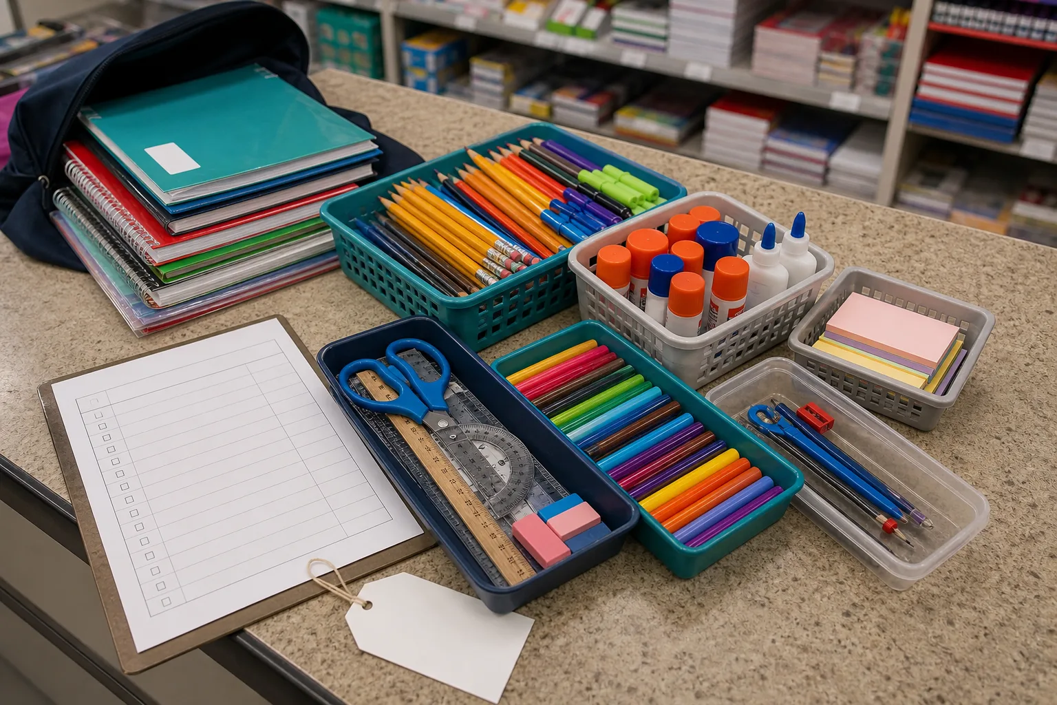 Útiles escolares agrupados por lista con lápices, colores, reglas, pegamento y tijeras