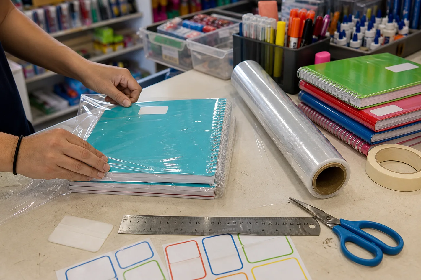 Manos aplicando contact a cuadernos escolares en una mesa de trabajo de papelería