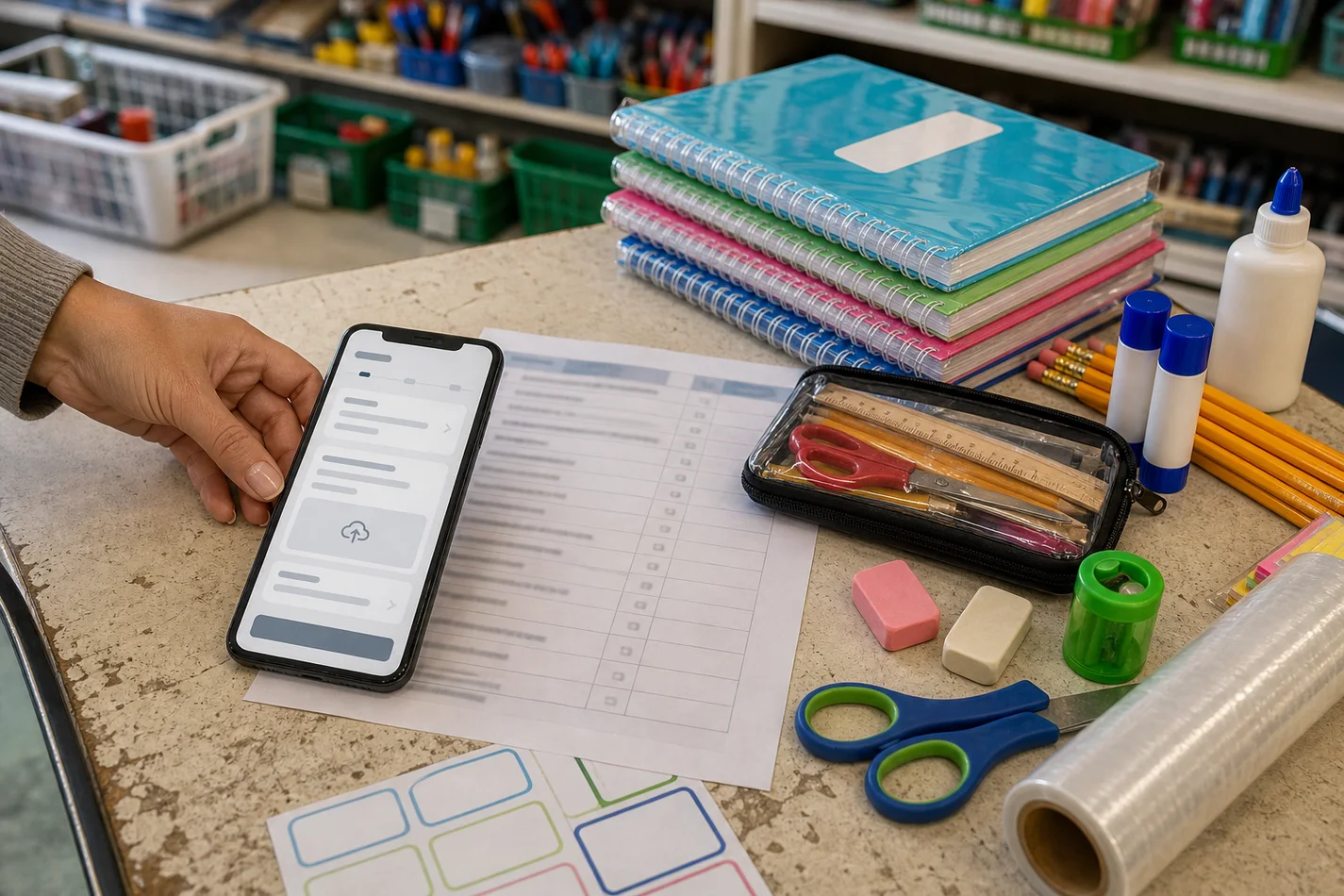 Teléfono con interfaz de cotización junto a una lista escolar, cuadernos, etiquetas y útiles